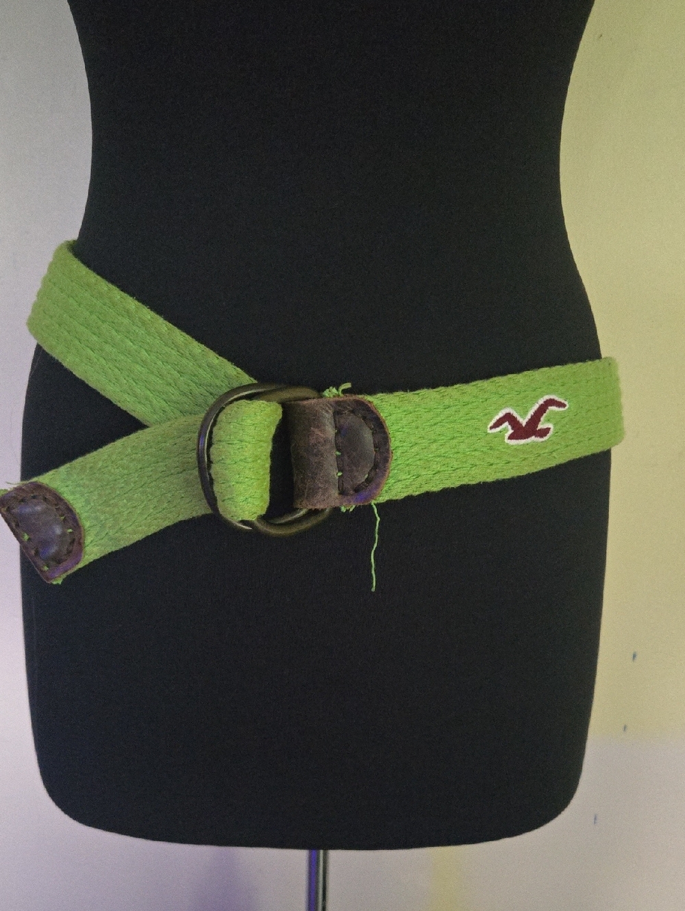 RARE Y2K Hollister Bright Green Woven Belt with Metal Double-Ring Buckle